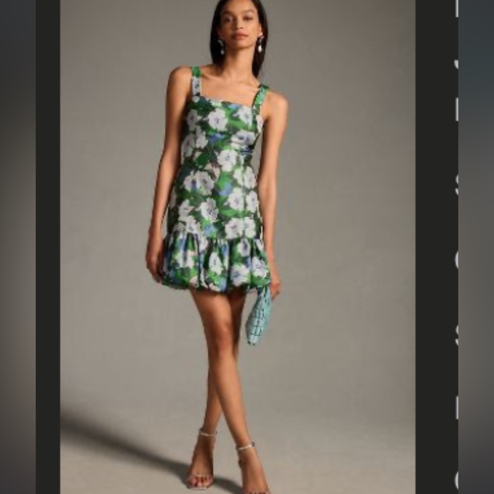 Anthro- Maeve square neck jacquard bubble hem dresss